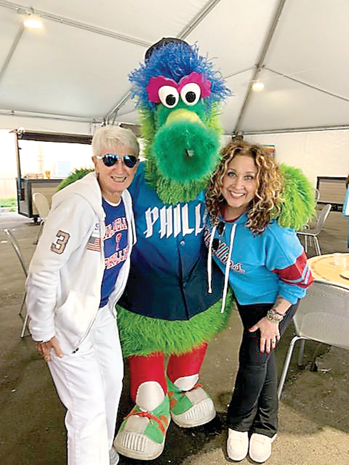 Geri Delevich and Nadine Sobusiak with the Phillie Phanatic.