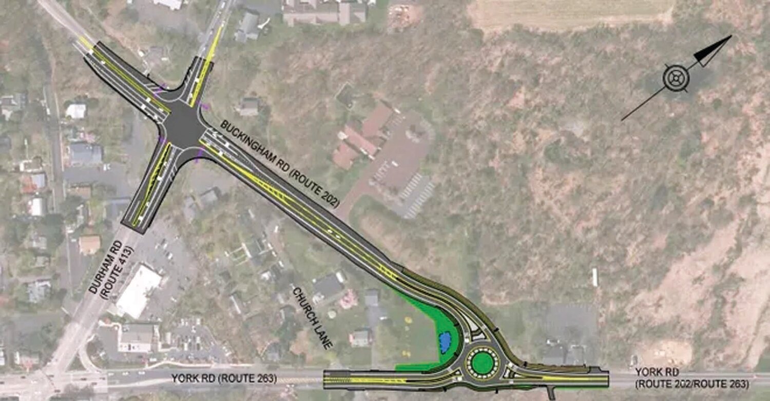 A sketch lays out the current plan to build a roundabout at Route 202 and York Road in Buckingham.
