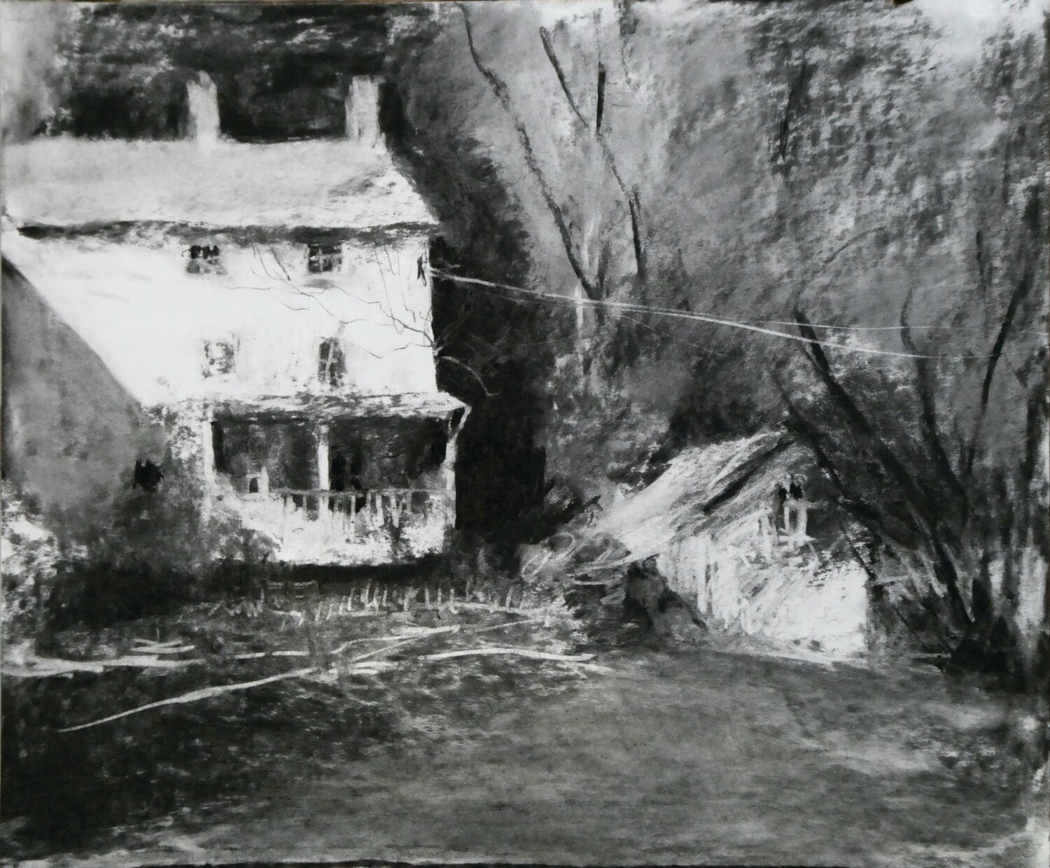 One of the charcoal drawings in David Stier’s exhibition in the English Village at Phillips’ Mill.