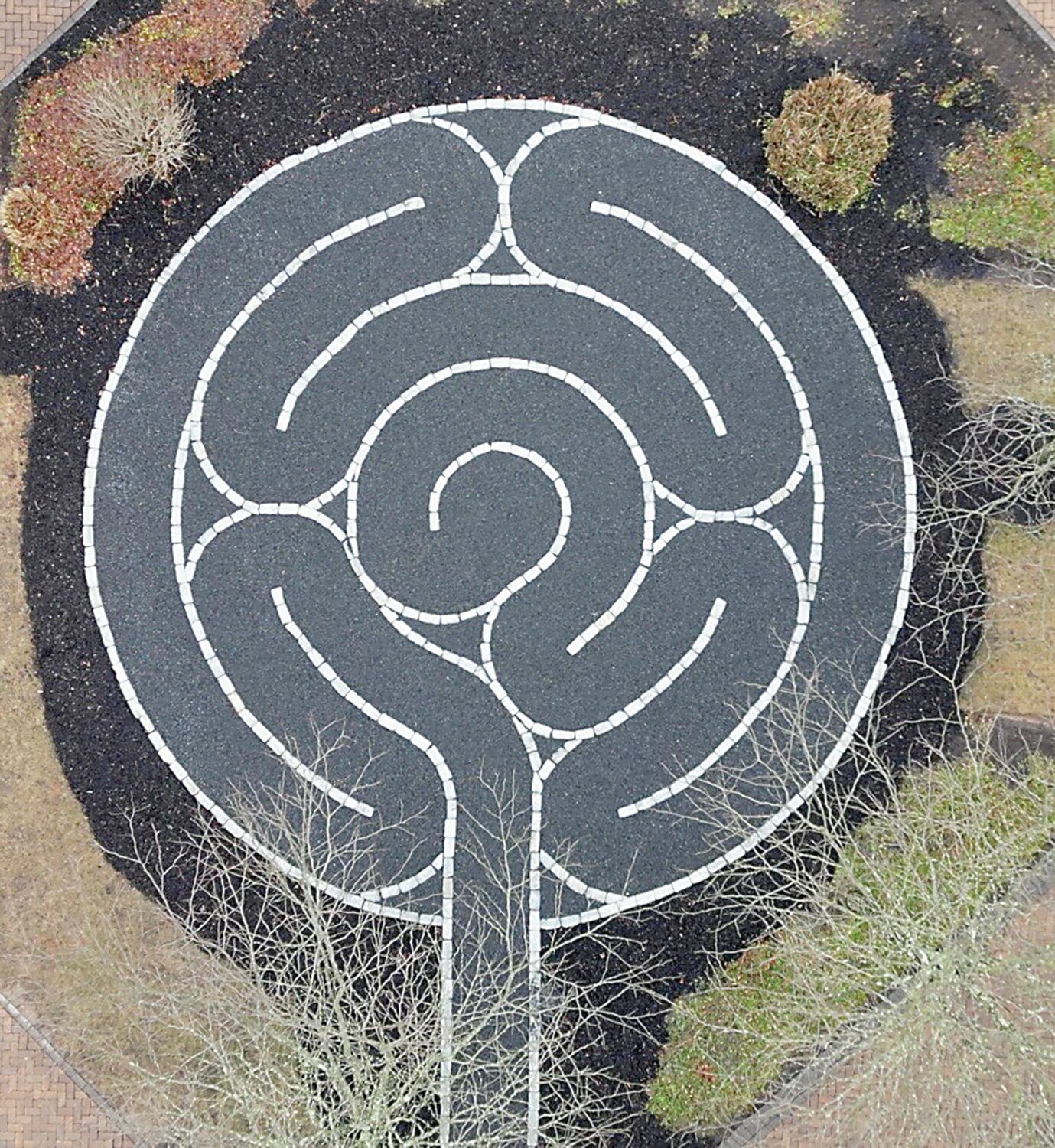 An aerial view of the new labyrinth at Kin Wellness and Support Center.