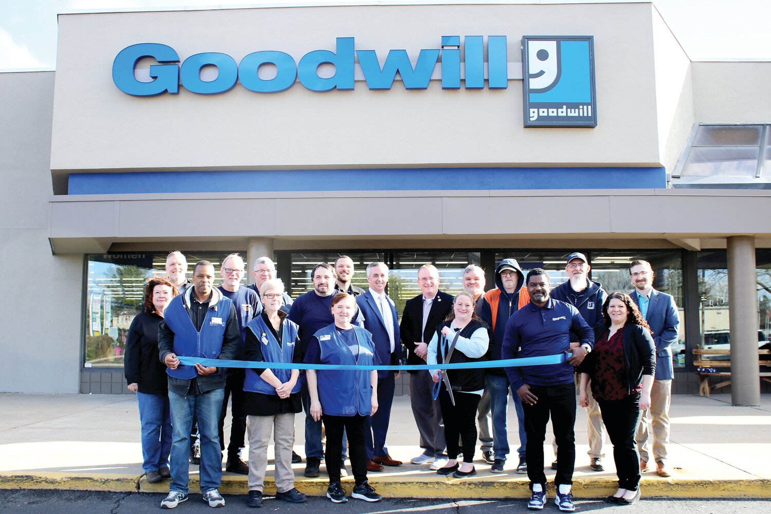 Goodwill leaders and staff, and legislative and business leaders take part in the ribbon-cutting at the remodeled Goodwill Store in Warminster.