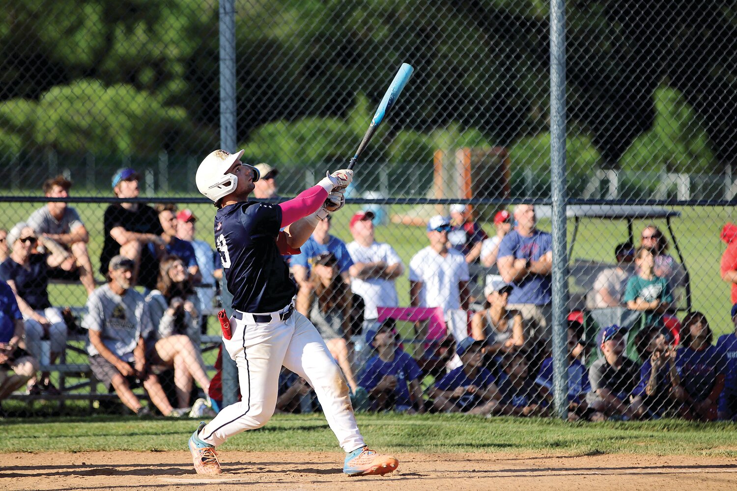 Central Bucks East senior Jack Mislan hits a home run for the Patriots in Tuesday’s District One 6A semifinal game.