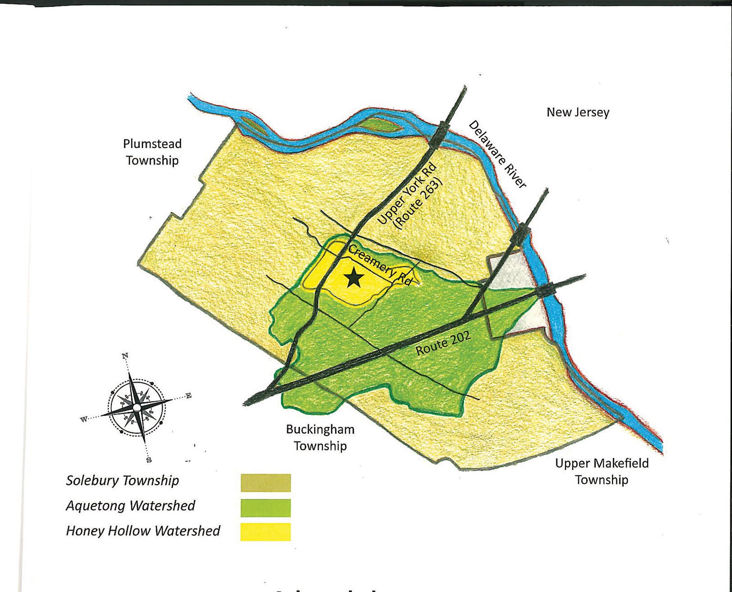 The Honey Hollow Watershed (yellow) covers a corner of the Aquetong Watershed in Solebury and Buckingham townships.