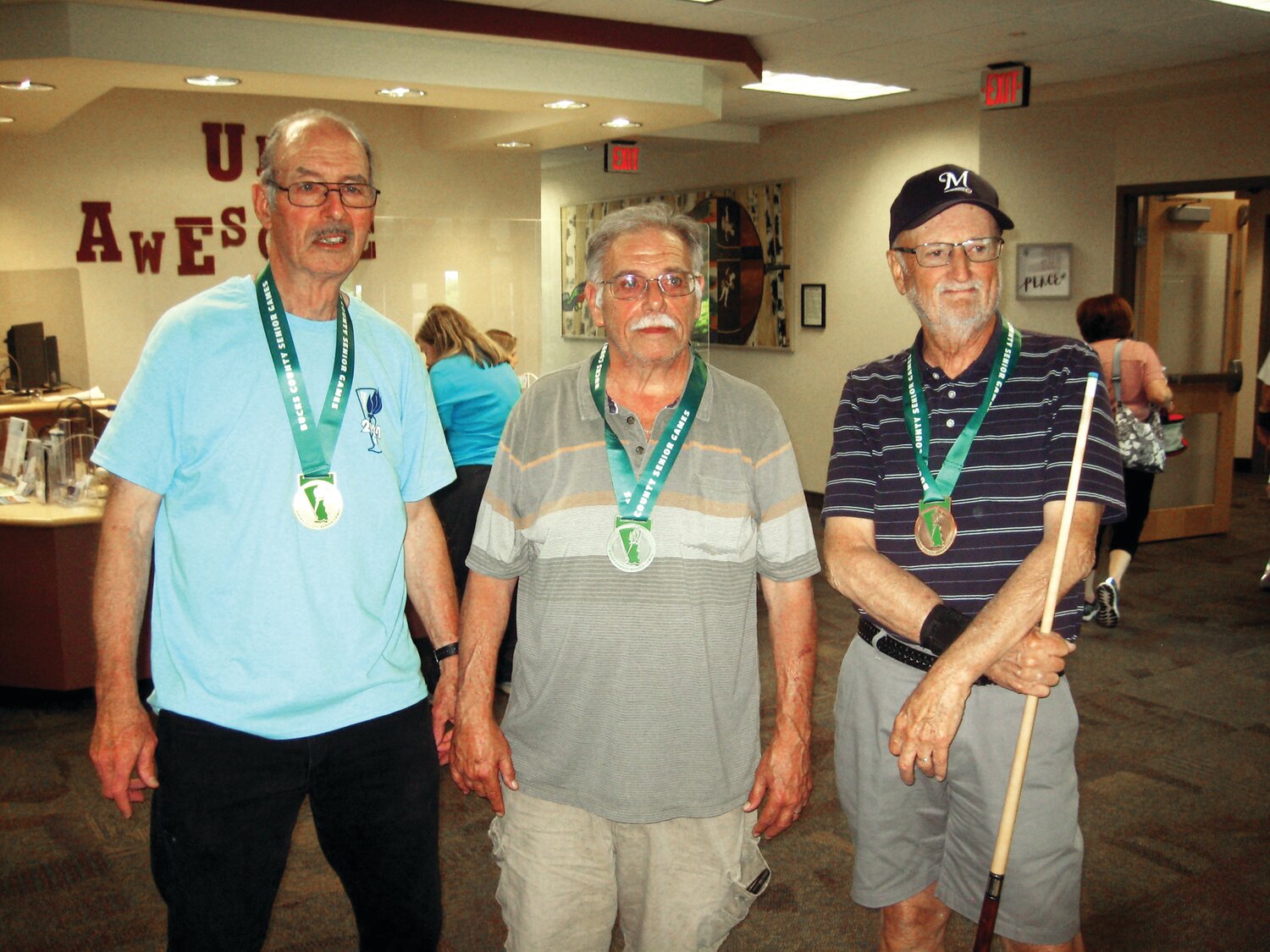 Bucks County Senior Games men’s age 70-79 billiards medalists, from left:  Dale Carlen, gold; Dominick DiSalvo, silver, and George Stevenson, bronze.