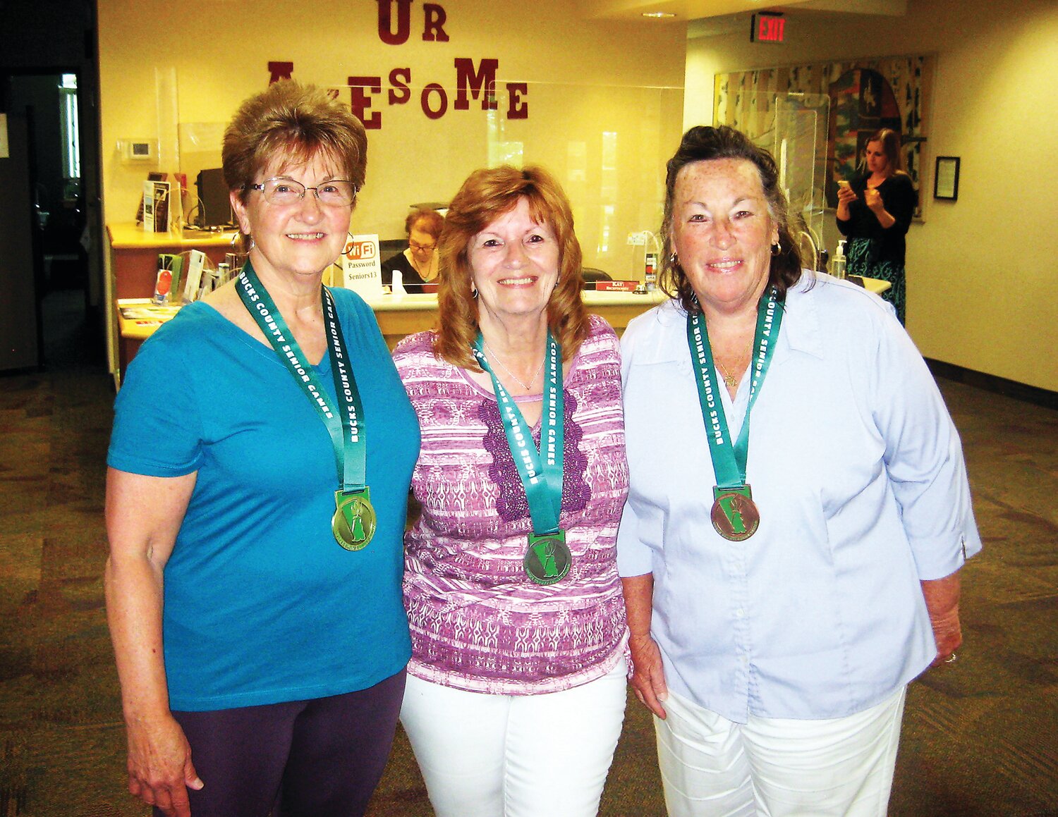 Bucks County Senior Games women’s division billiards medalists, from left: Marie Rutola, gold; Marie Wallace, silver, and Cathy Papp, bronze.