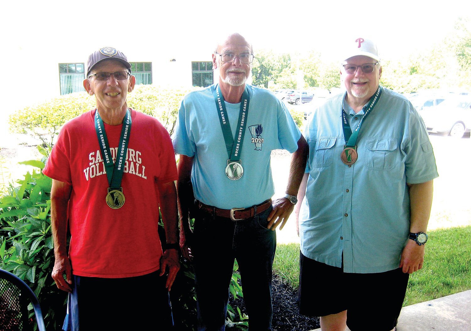 Bucks County Senior Games men’s age 70-79 bocce medalists, from left: Billy Johns, gold; Pete Palestina, silver, and Mike Schnitzer, bronze.