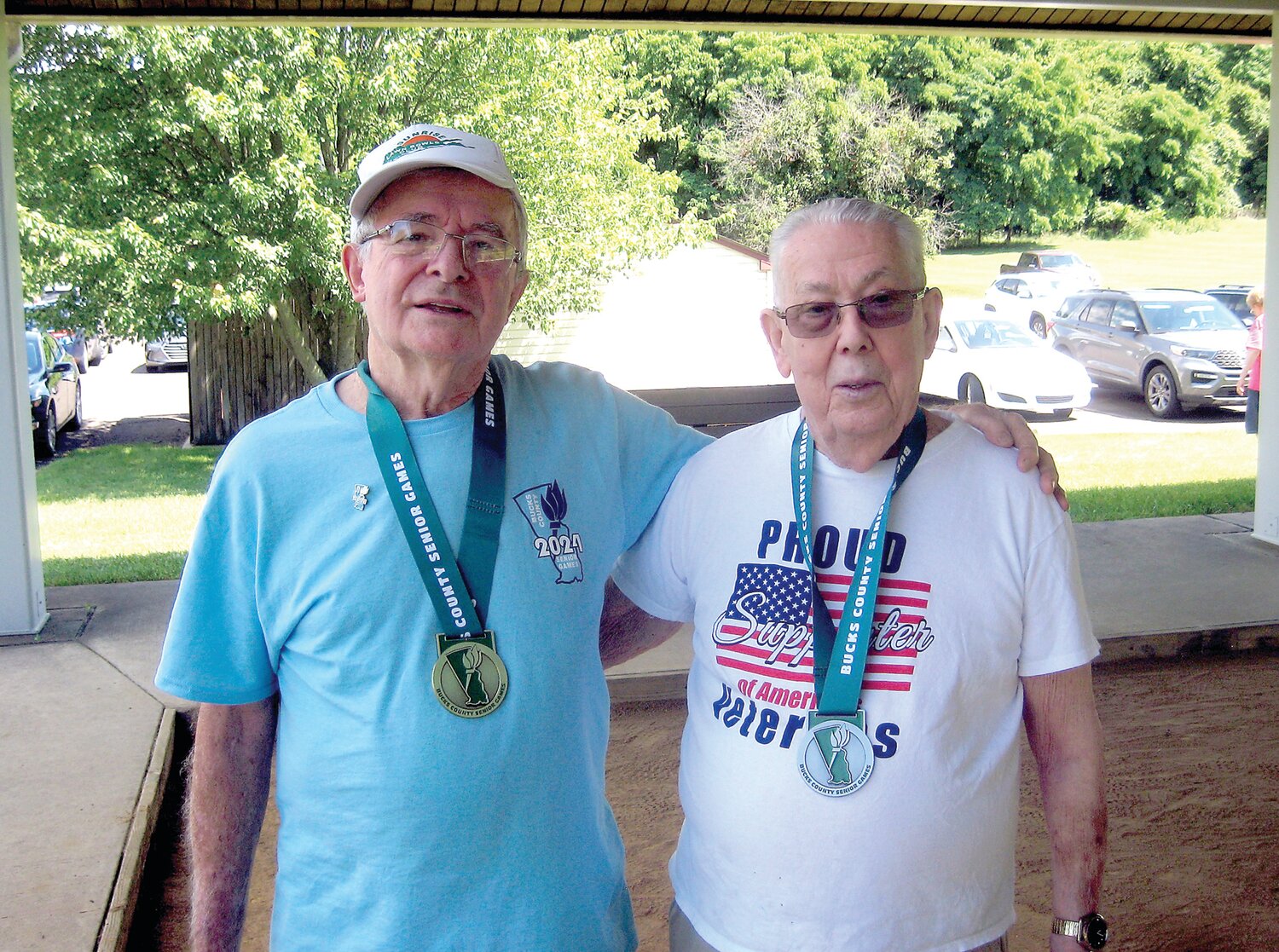 Bucks County Senior Games men’s age 80-89 bocce medalists, from left: Cibilno Fetzer, gold, and Bob Lawrence, silver.