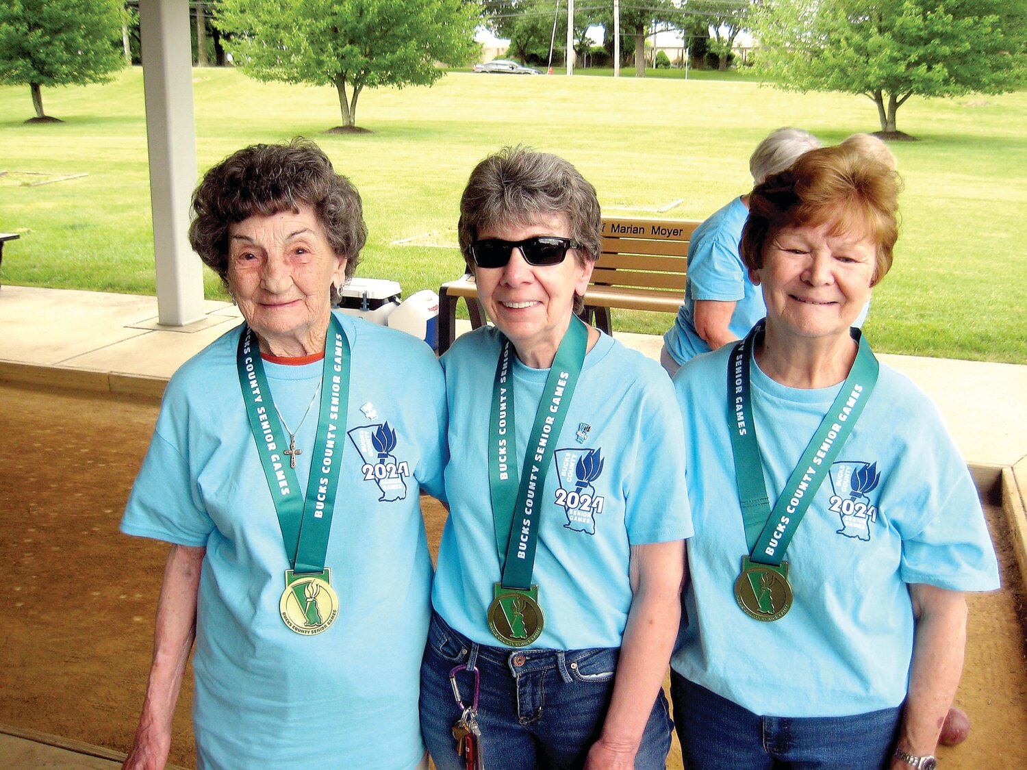 Bucks County Senior Games women’s bocce gold medalists, from left: Sally Tosti, Mary Ann English and Anne Marie Bertolino.