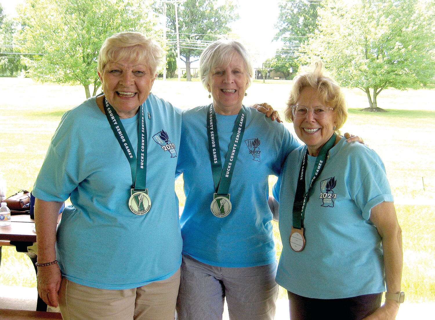 Bucks County Senior Games women’s age 70-79 category bocce medalists, from left: Carolyn Collins, gold; Liz Foley, silver, and Rosemary Bradley, bronze.