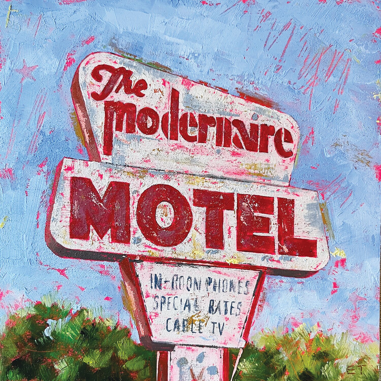 “The Modernaire Motel” is an oil painting by Emily Thompson.