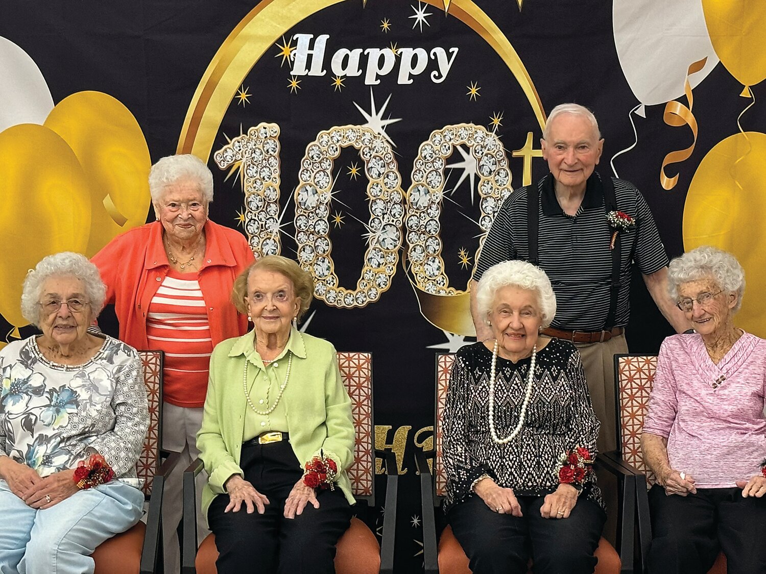 Oxford Enhanced Senior Living recently hosted a birthday bash for six residents who are celebrating 100th birthdays this year. From left are: Laura DeChico, Ann Roberts, Catherine McGinty, Hazel Worsman, Paula Spigler and Bernie Rice.