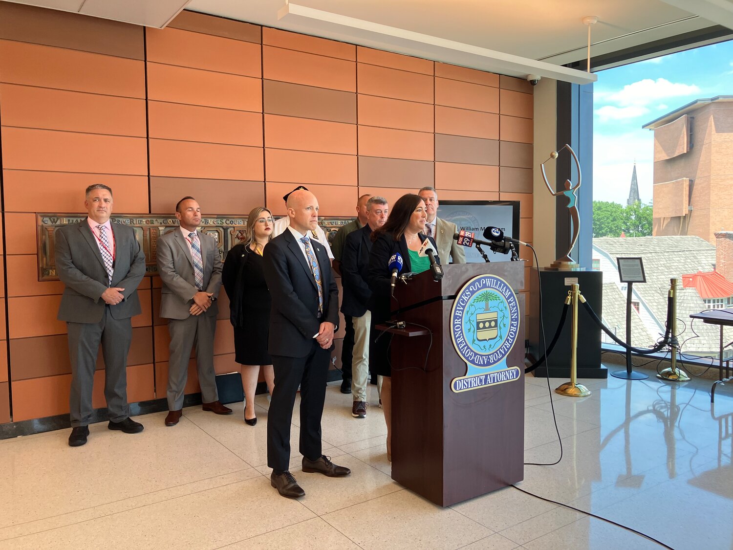 Bucks County District Attorney Jennifer Schorn discusses the investigation into the murder of Dolores Ingram in Northampton Township at the Bucks County Justice Center Thursday. With her are representatives of the District Attorney’s Office and the Northampton Township Police Department.