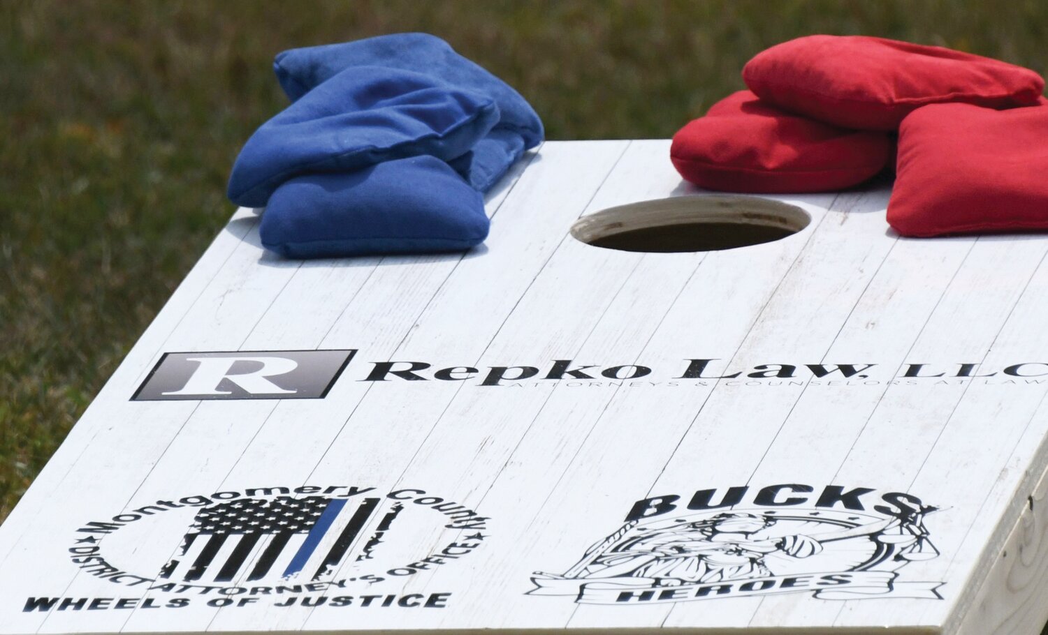 One of the cornhole boards used during the tournament.