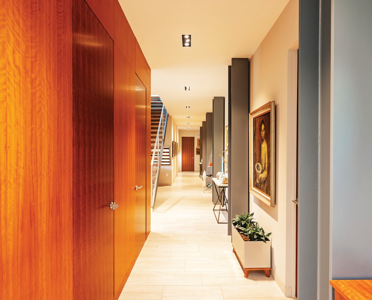 A long hallway at the River Road Residence, which was designed by Princeton’s J. Robert Hillier, of Studio Hillier.