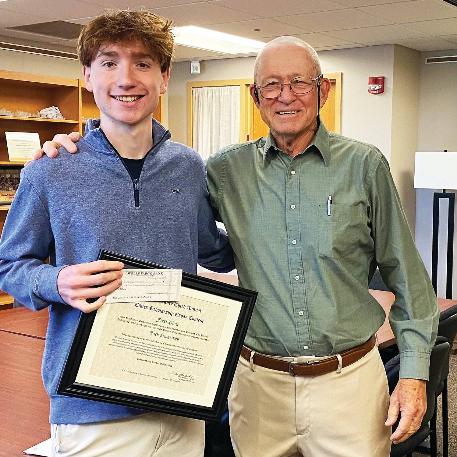 Civics Scholarship Essay Contest winner Jack Swartley and Dick Newbert.