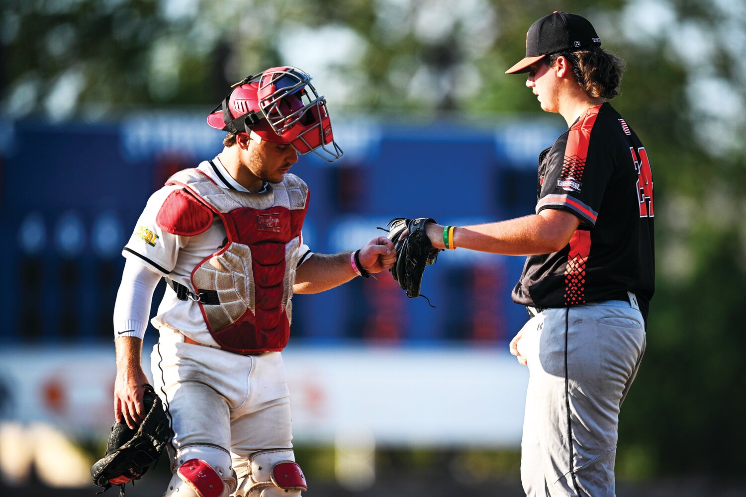 The Quakertown Blazers’ Ben Jones gets a bump before the start of the third inning of the East Coast Collegiate Baseball League All-Star Game.