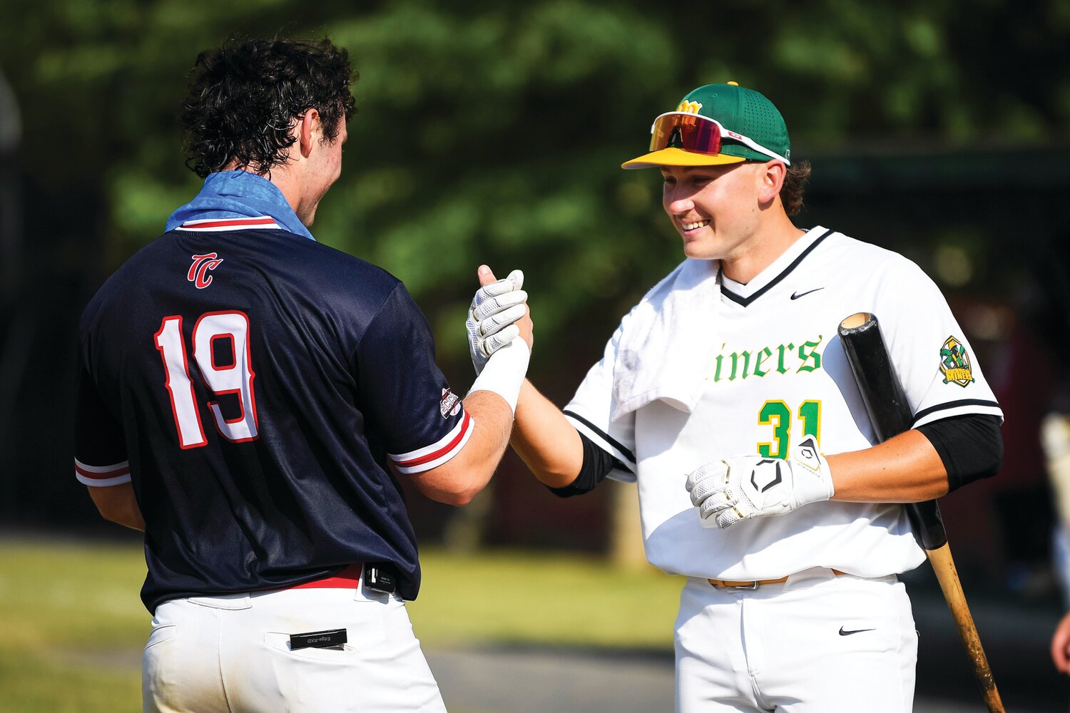 East Coast Collegiate Baseball League Home Run Derby second-place finisher Jack Mislan, of the Southern All Stars, congratulates derby champ Jake Millan of the Northern All-Stars. Mislan plays for the ECCBL’S Trenton Capitals and Millan plays for the Scranton/Wilkes-Barre Miners.