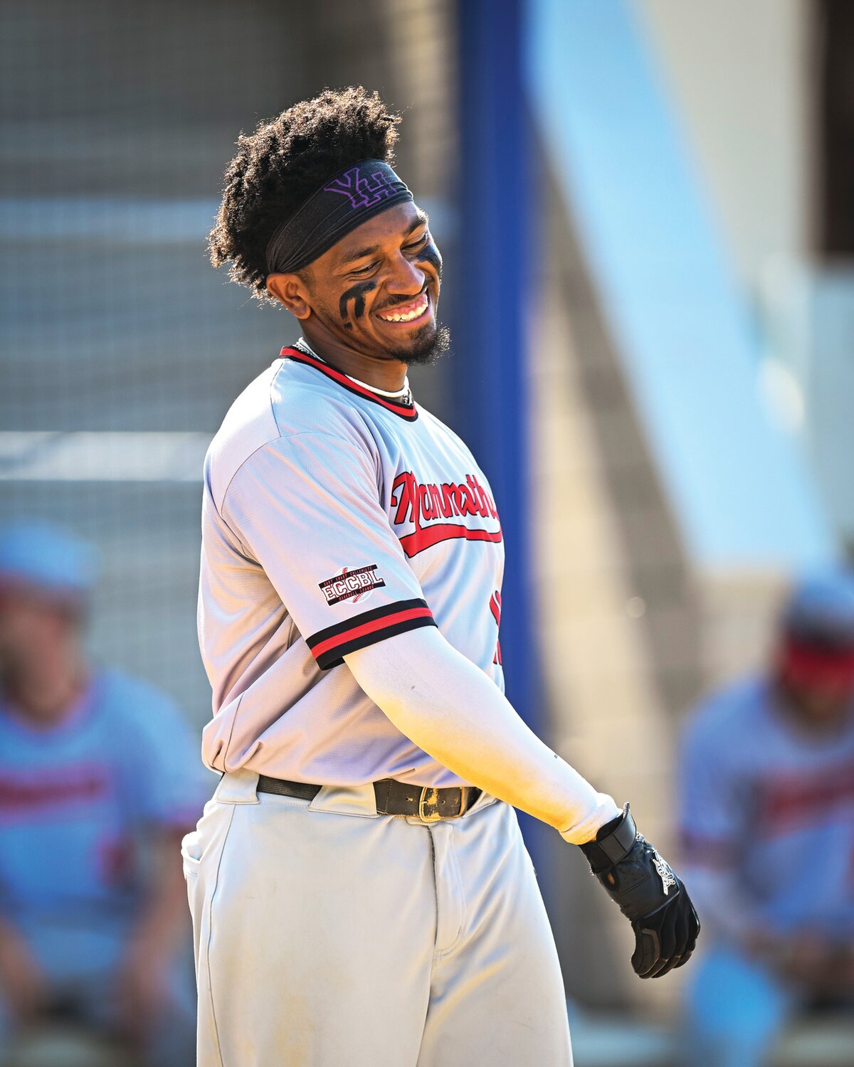 The Mercer Mammoths’ Ahmir Cournier, of the Southern All-Star team, has a laugh during the East Coast Collegiate Baseball League Home Run Derby.