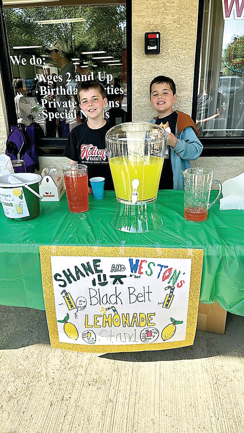 Twins Shane and Weston Fox, 9, work at their lemonade stand outside Action Karate in Jamison, where they raised $800 to benefit Warminster Food Bank.