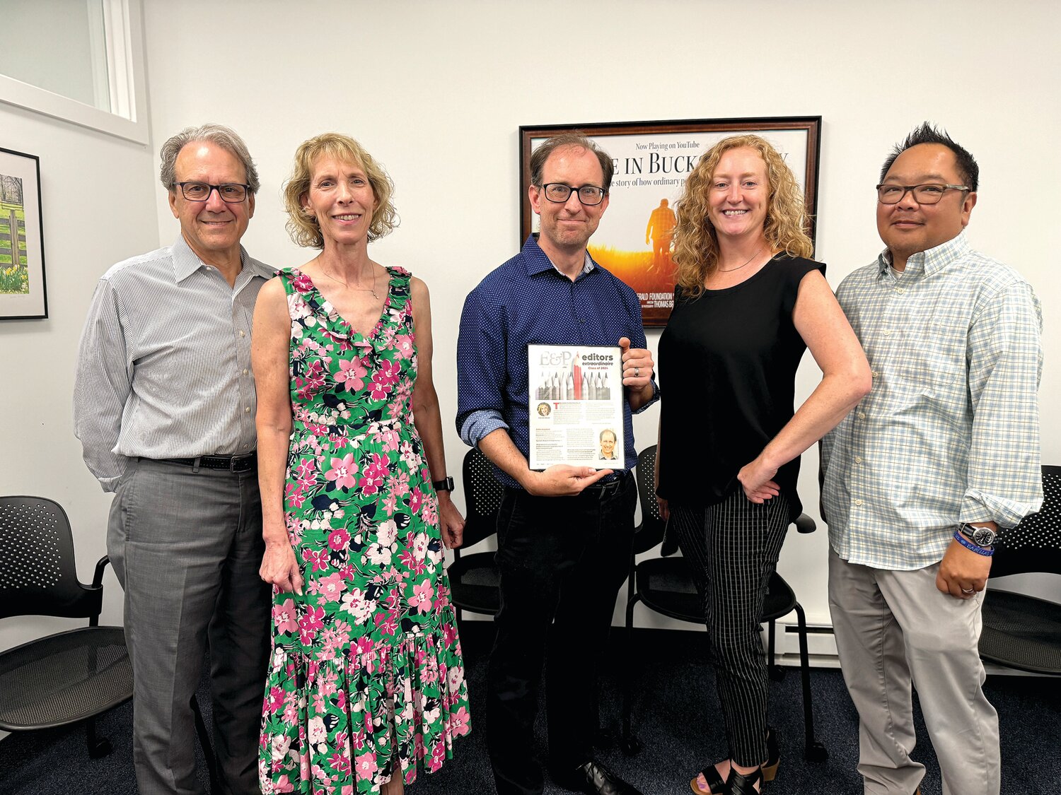 (From left) Bucks County Herald Publisher Joseph G. Wingert, Entertainment and News Editor Jodi Spiegel Arthur, Editor-in-Chief John Anastasi, Digital Editor Jacki Gray and Art Director Ron Dacanay pose for a photo at the Herald’s office in Plumstead Township.