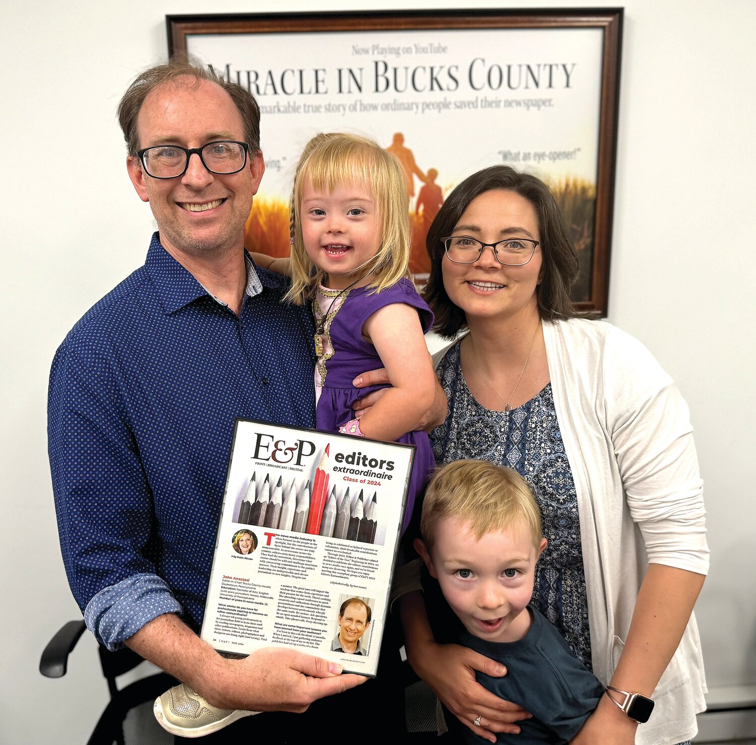 Bucks County Herald Editor-in-Chief John Anastasi is joined by wife Emily, son Luke, 7, and daughter Violet, 4, at a recent celebration of his being named to Editor & Publisher Magazine’s “Editors Extraordinaire” Class of 2024.