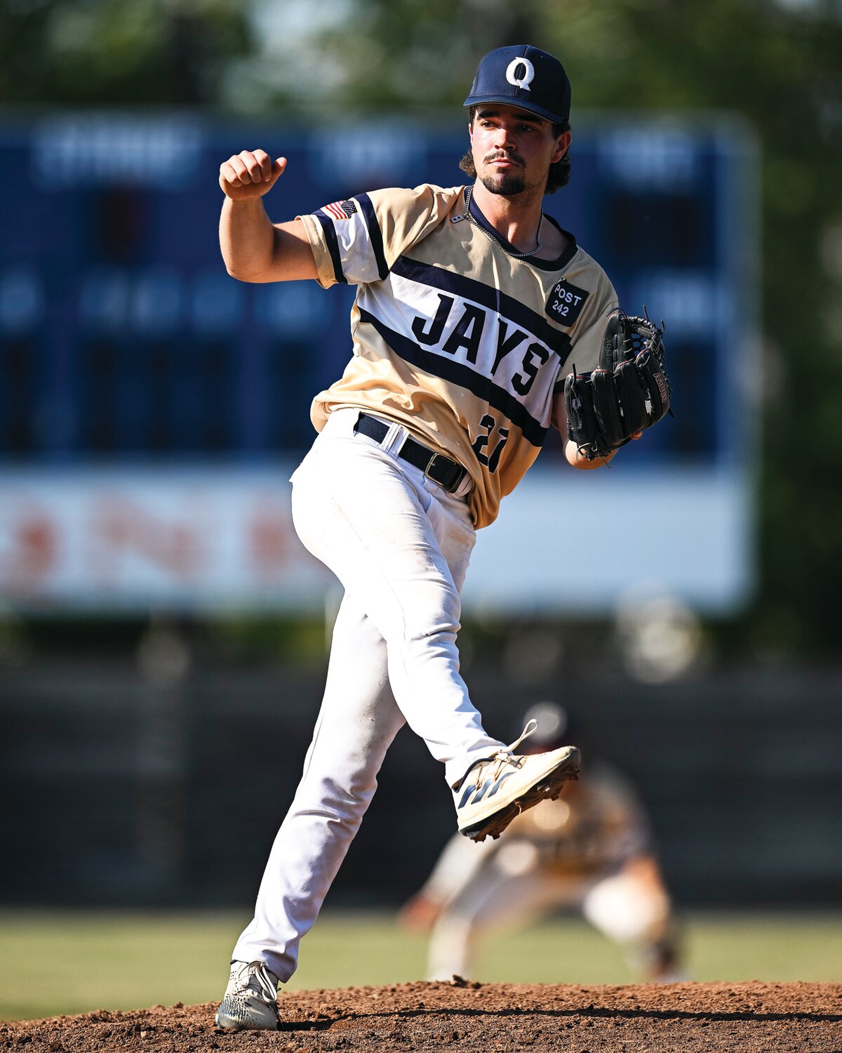 Quakertown’s Peyton Myers, who pitched six strong innings to get the win, delivers a pitch in the fifth inning.