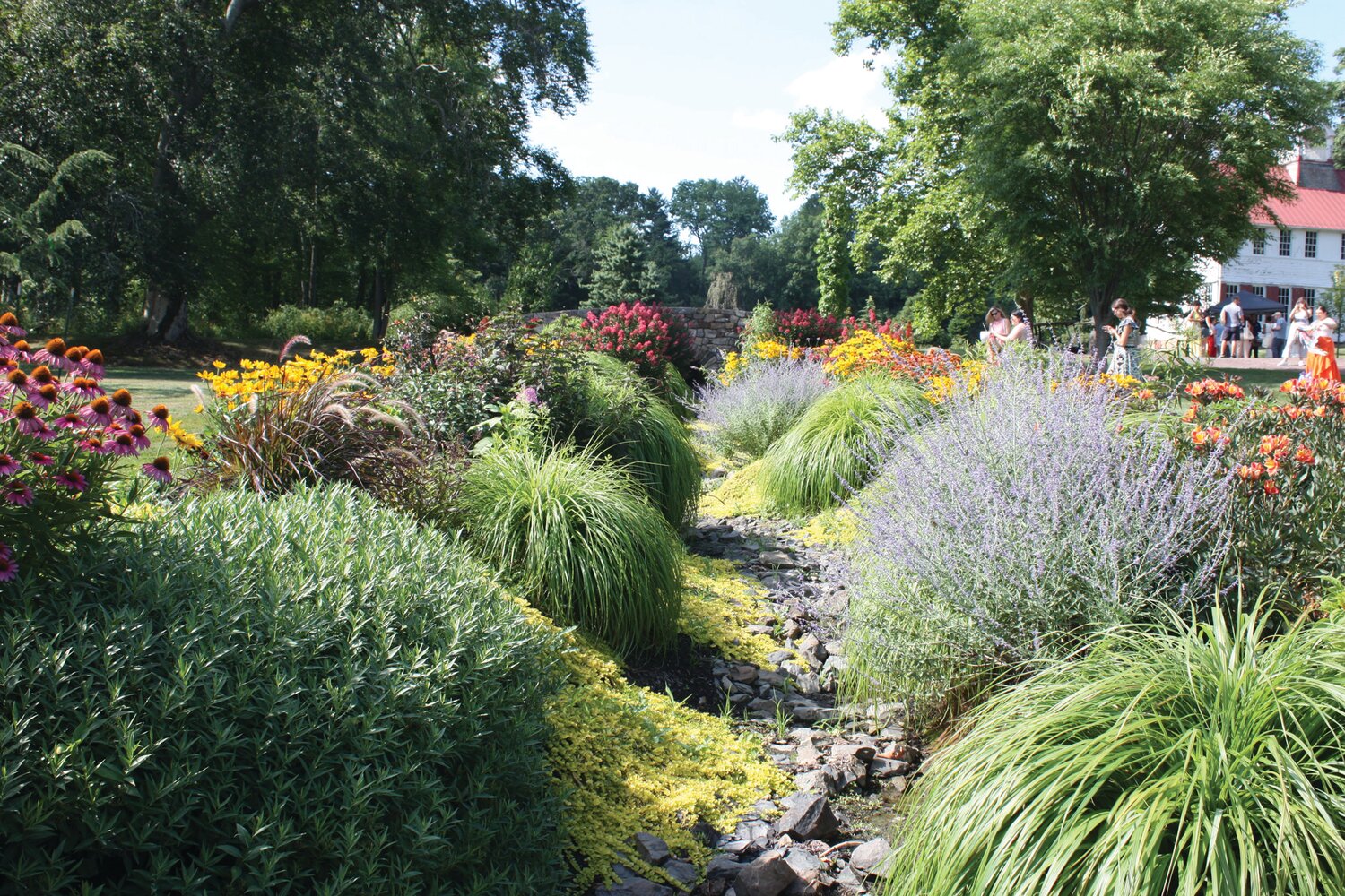 A former creek bed showcases colorful annuals and perennials.