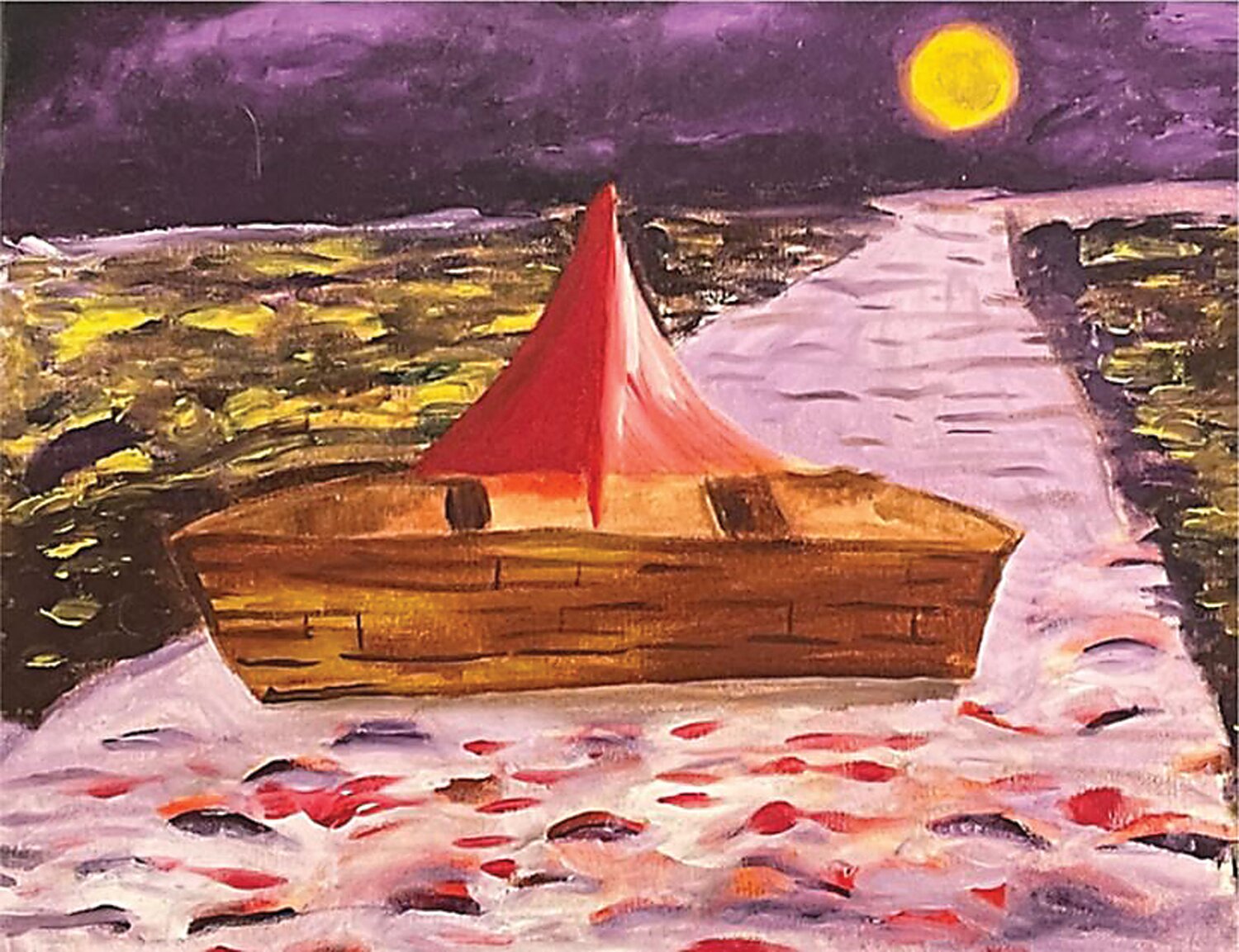 Joseph Arico’s “Yellow Moon” oil on canvas paper, 2006, painting shows a boat on water with a yellow moon in the background reflected on the water.