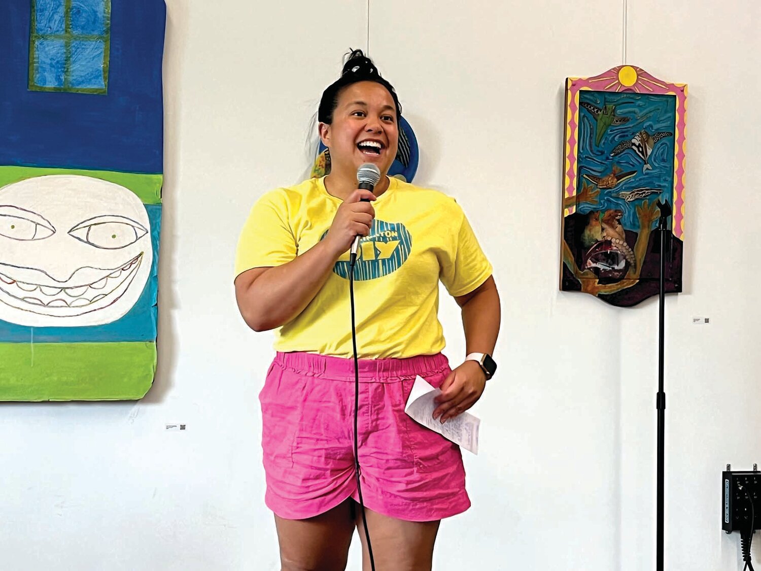 Cherlyn Lynch of Pittstown, N.J., performs at the Women’s Comedy Open Mic in Flemington, N.J., on Sunday, July 14.