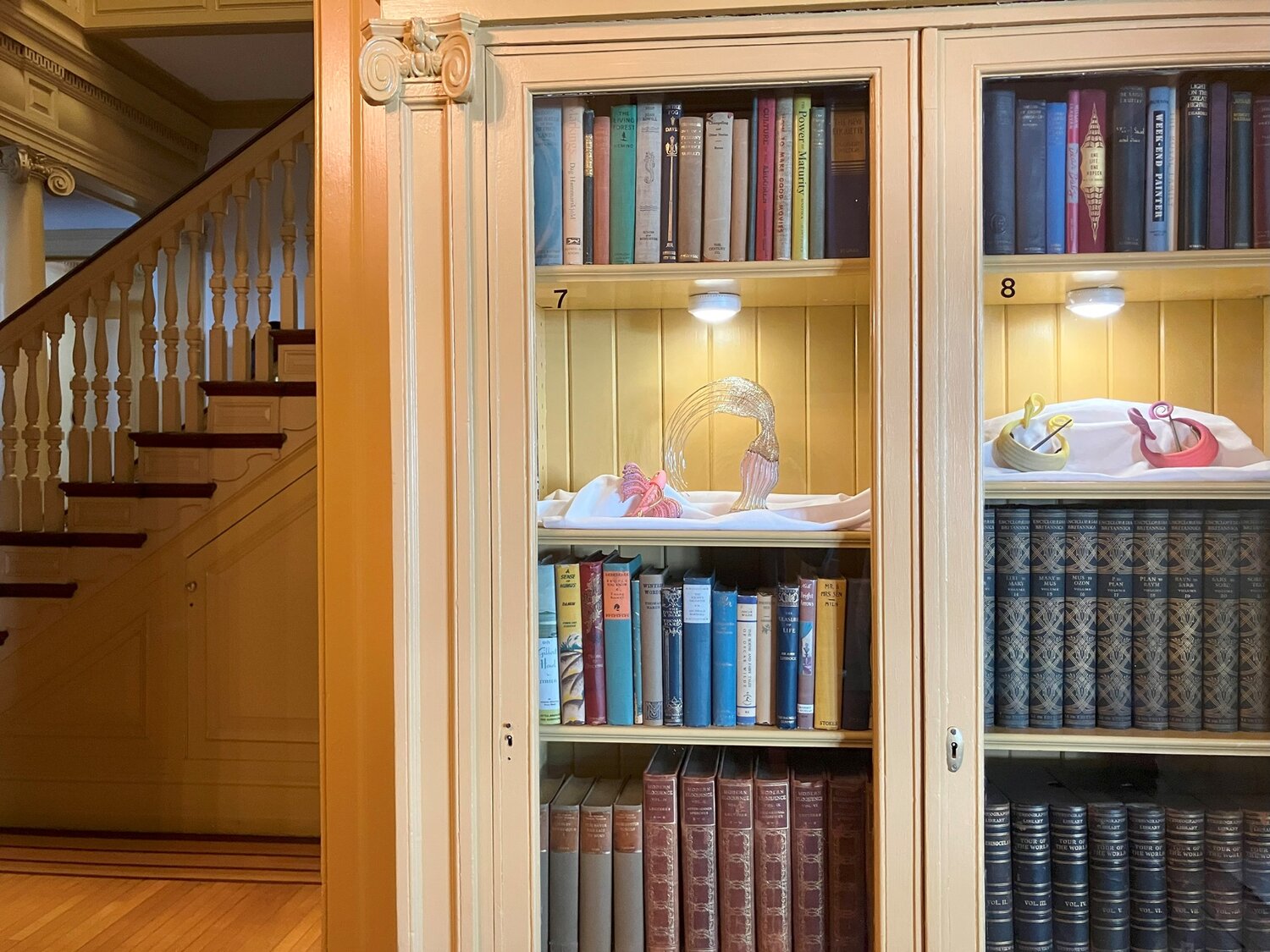 Portions of the bookcase exhibit, “Home Waters of Glen Foerd,” are lit for viewing.