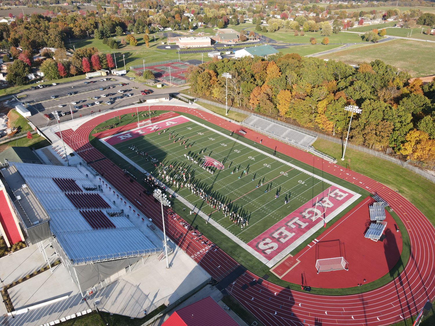 THE NIXA CRIMSON CORPS practices its 2021 show on the turf at Eagle Stadium in November.