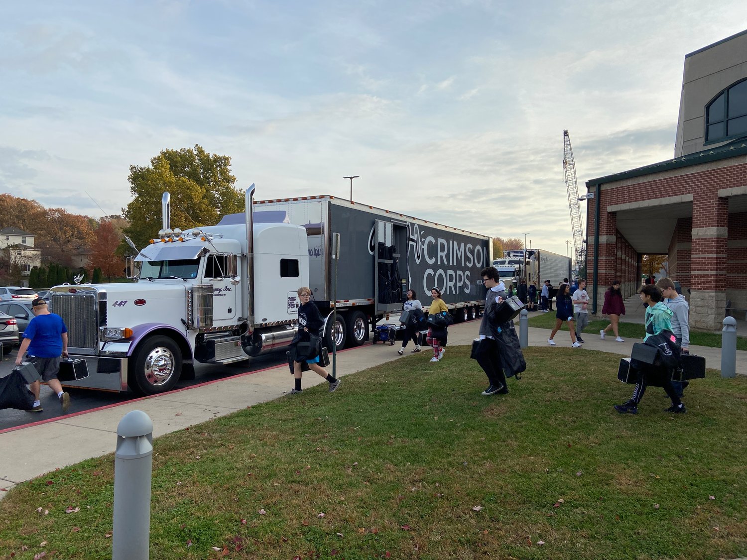 THE NIXA HIGH SCHOOL MARCHING BAND hauls instruments, props and other equipment in a semi-truck.