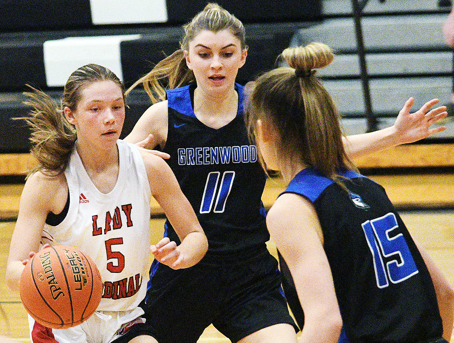CHADWICK’S RAELEIGH LITTLE looks for room around two Greenwood defenders Thursday.