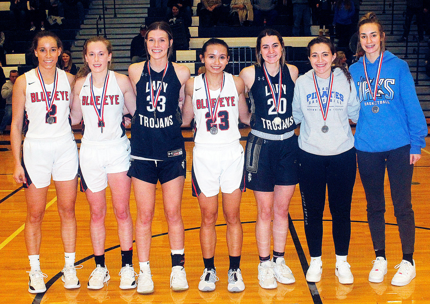 THE SPARTA TOURNAMENT ALL-TOURNAMENT TEAM includes (l-r) Blue Eye’s Riley Arnold and Avery Arnold, Sparta’s Megan Brown, Blue Eye’s Kyla Warren, Sparta’s Shelby McMurry, Norwood’s Norwood’s Cassie Chadwell and Greenwood’s Hannah Gibbons.
