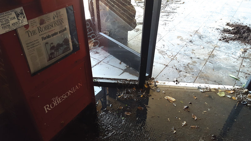 Inside the lobby at The Robesonian in Lumberton, N.C. after Hurricane Matthew hit.