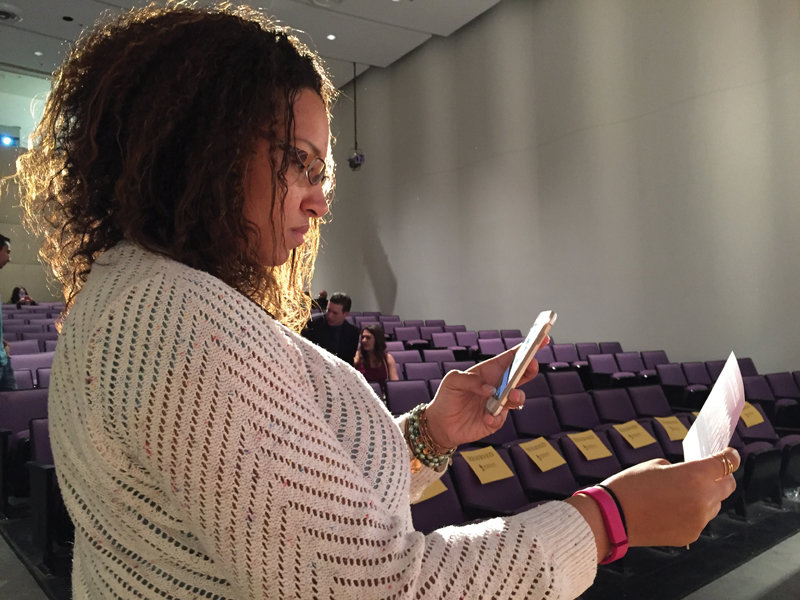 Samantha Ragland telling a Snapchat story at the Morikami Museum during a live demonstration of Japanese tattooing as part of the Perseverance: Japanese Tattoo Tradition in a Modern World exhibit. (Photo by Jennifer Podis/The Palm Beach Post)
