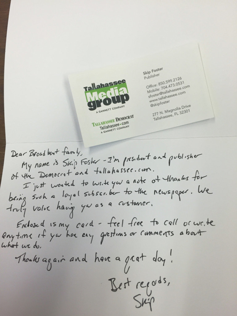 One of the thank you notes, handwritten by publisher Skip Foster himself 