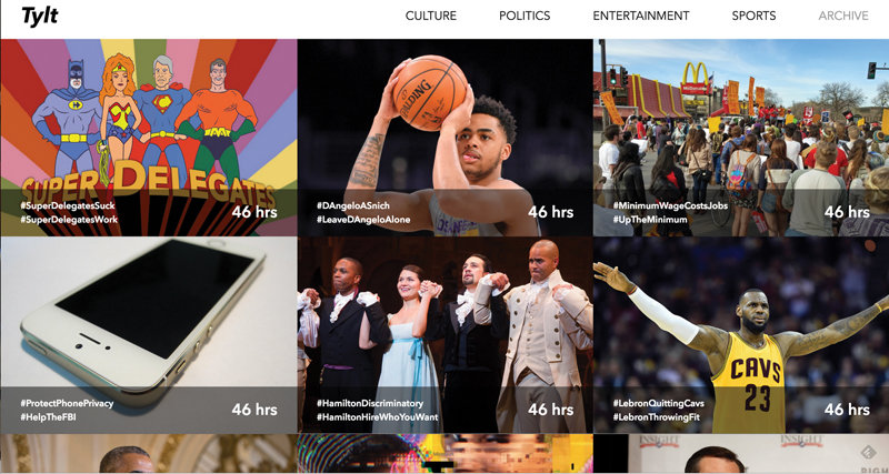 Stories on the Tylt homepage with competing hashtags