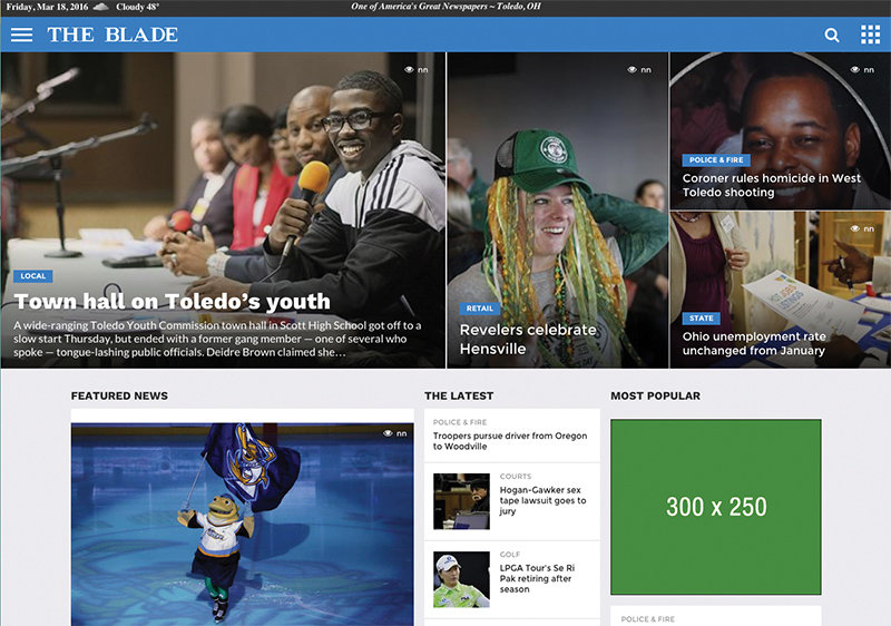 The homepage of the Toledo Blade with its recommended stories section.