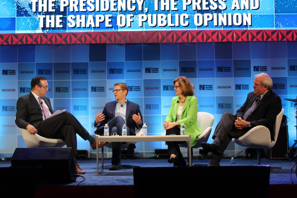 (From left to right) Moderator, Chris Cillizza of The Washington Post talks to Jay Carney, former White House Press Secretary (2008-2014), Susan Page, Washington bureau chief for USA TODAY and Michael McCurry, former White House Press Secretary (1995-1998) about covering the White House.