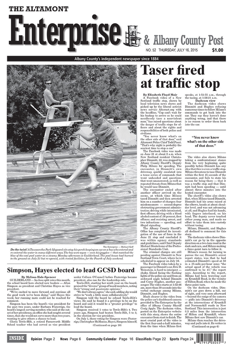 The first front page of the Altamont Enterprise since Hale-Spencer, Spencer and Iaia bought the newspaper.