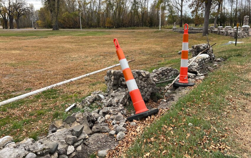 The historic stone wall along the drive south of the pond at City Park has been struck twice by motorists this year. City officials believe the first incident was accidental, but they are confident the most recent damage was deliberate vandalism. Security cameras will be installed to better monitor park activity and assist with future incidents.