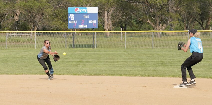 Kayla Bitterman, left, tosses the ball to Megan Mahoney at second base for Anti-Aging of Rapid City during the championship gamd of the 35-and-over Upper State Women’s Softball Tournament on Saturday at Mt. Dew Diamonds.  Anit Aging defeated Holliganagains of Rapaid City 16-6 to win the title.