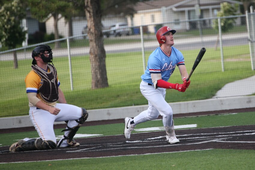 Brookings' Chase McDaniel admires a home run during a game against Baltic on July 7, 2024.