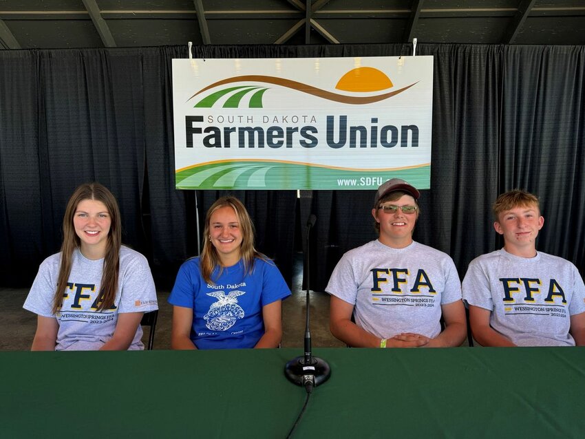 Wessington Springs FFA Team Members win the South Dakota Farmers Union Farm Safety Quiz Bowl during the South Dakota State Fair. Team members are (left to right) Addyson Orth, Mariah Messmer, Holden Jackson and Haiden Boschee.