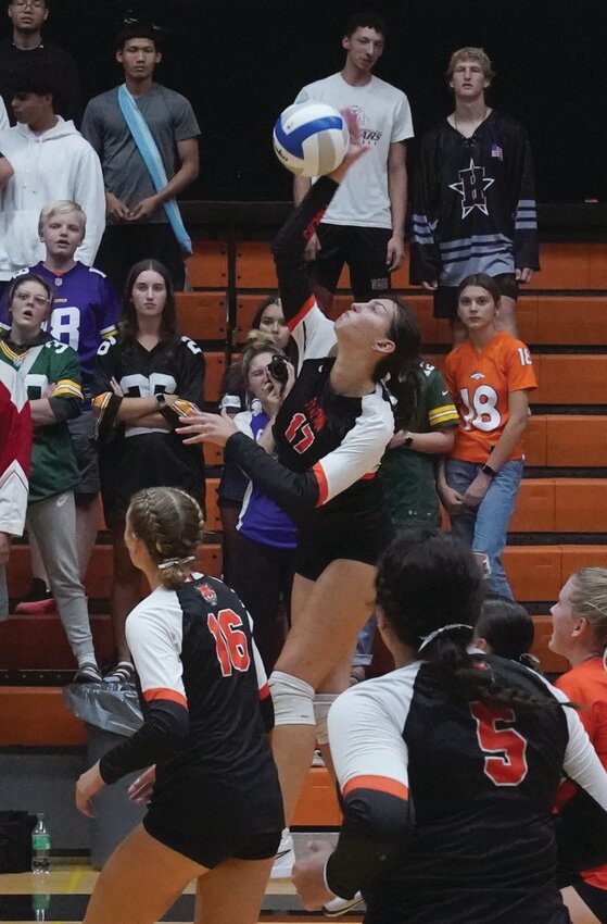 Huron’s Addyson Knight spikes the ball during the opening set of a match against Yankton on Monday at Huron Arena.