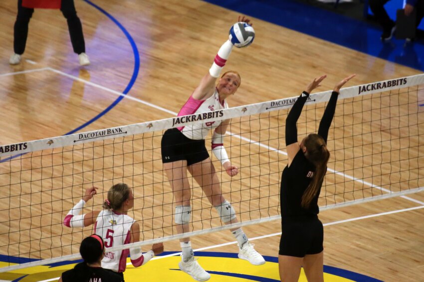 South Dakota State's Madison Burr hits the ball during a sweep of Omaha on Thursday night at First Bank & Trust Arena in Brookings.