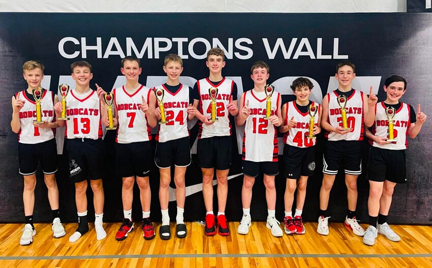 Seventh-grade boys from Brookings took first place at the Tri-State Basketball Tournament in Sioux Falls on March 21-22. From left are Ty Robertson, Jack Baszler, John Romsa, Carter Asmussen, Braxton Tronbak, Dylan Johnston, Kort Henderson, Jace Jacobsen and Henry Mogard. Not pictured is Trevor Lesher.