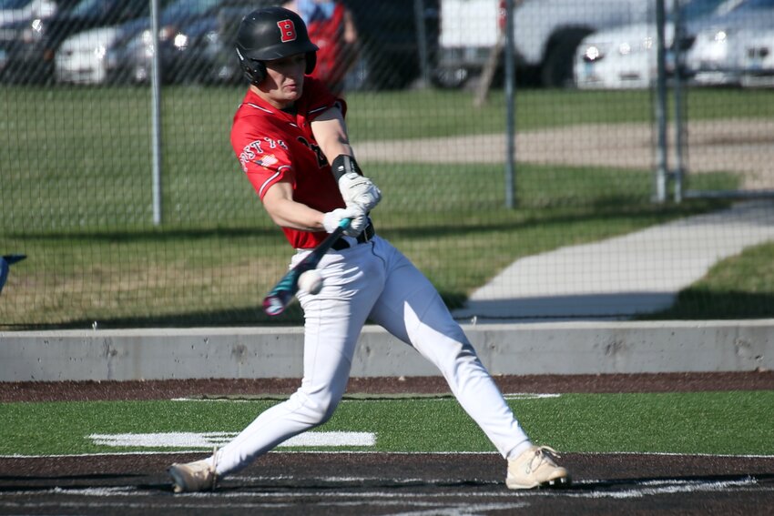 Brookings' Maxten Jensen hits the ball during a 16-4 win over Sioux Falls Washington on Tuesday night at Bob Shelden Field in Brookings.