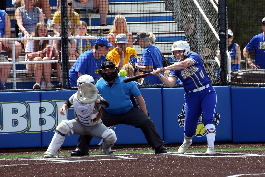 South Dakota State's Madi Conklin hits the ball during an 8-6 loss to Omaha in the Summit League Tournament at Jerald T. Moriarty Field in Brookings on Friday afternoon.